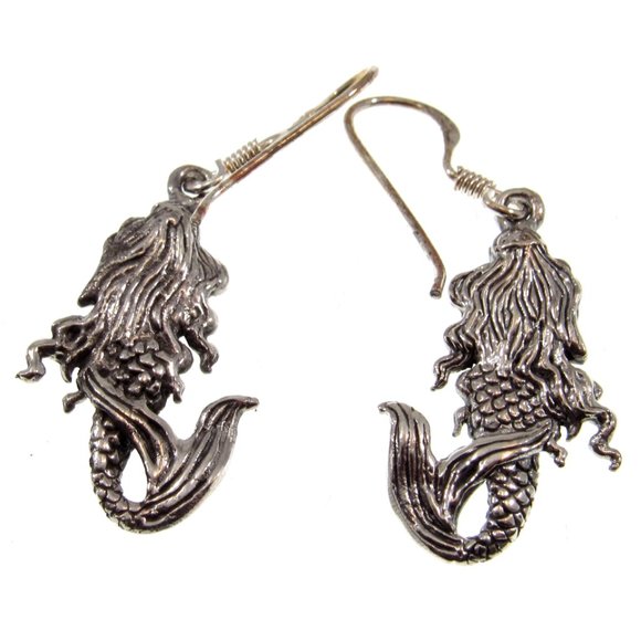 Handcrafted Solid 925 Sterling Silver 3D Mermaid Drop Dangle Hook Earrings - Picture 5 of 5